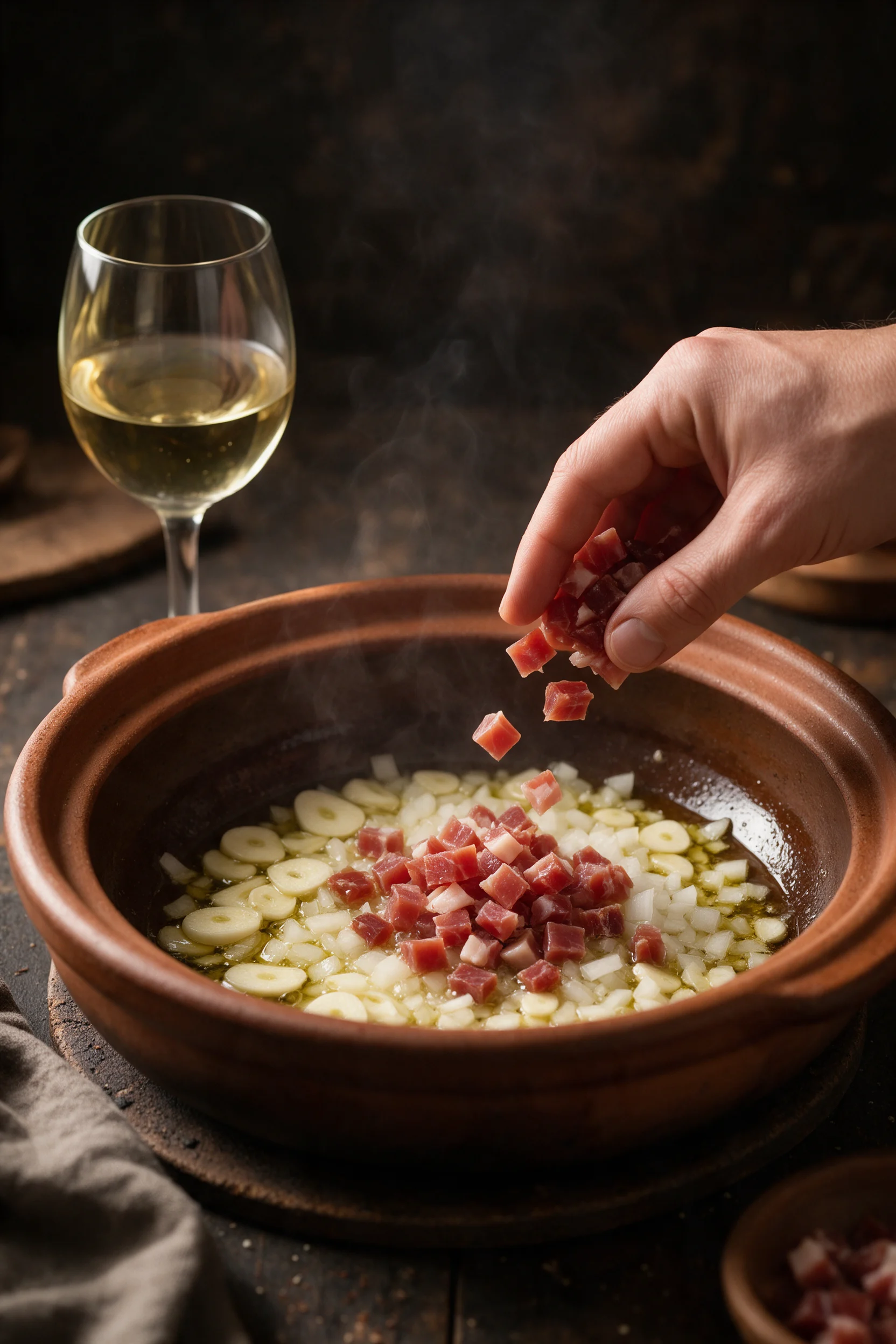 Sofrito de ajo y cebolla con taquitos de jamón y un vaso de vino blanco