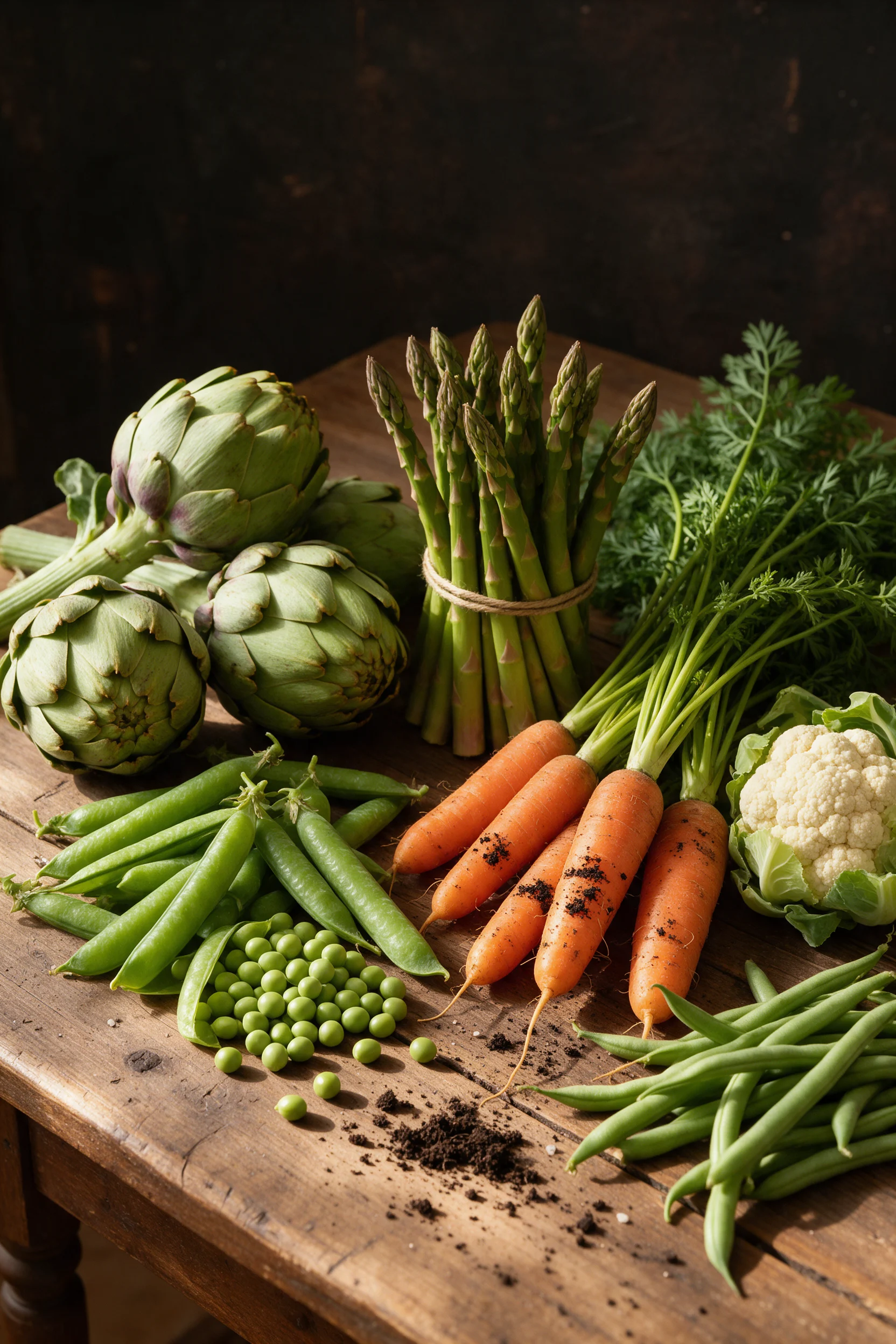 Verduras de temporada crudas sobre una mesa de madera: alcachofas, guisantes, espárragos y zanahorias