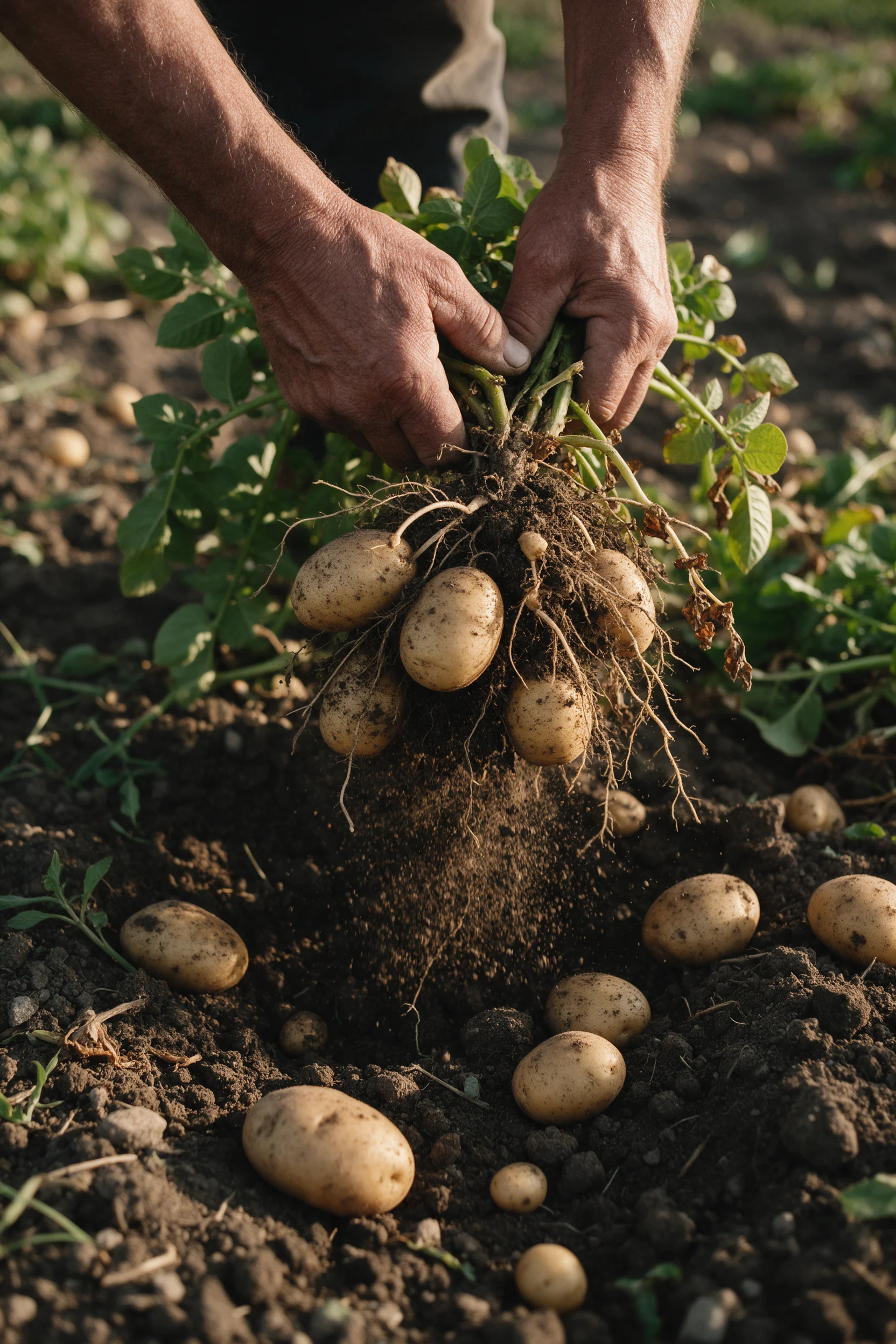 Manos sacando de la tierra una mata de patatas recién cosechadas