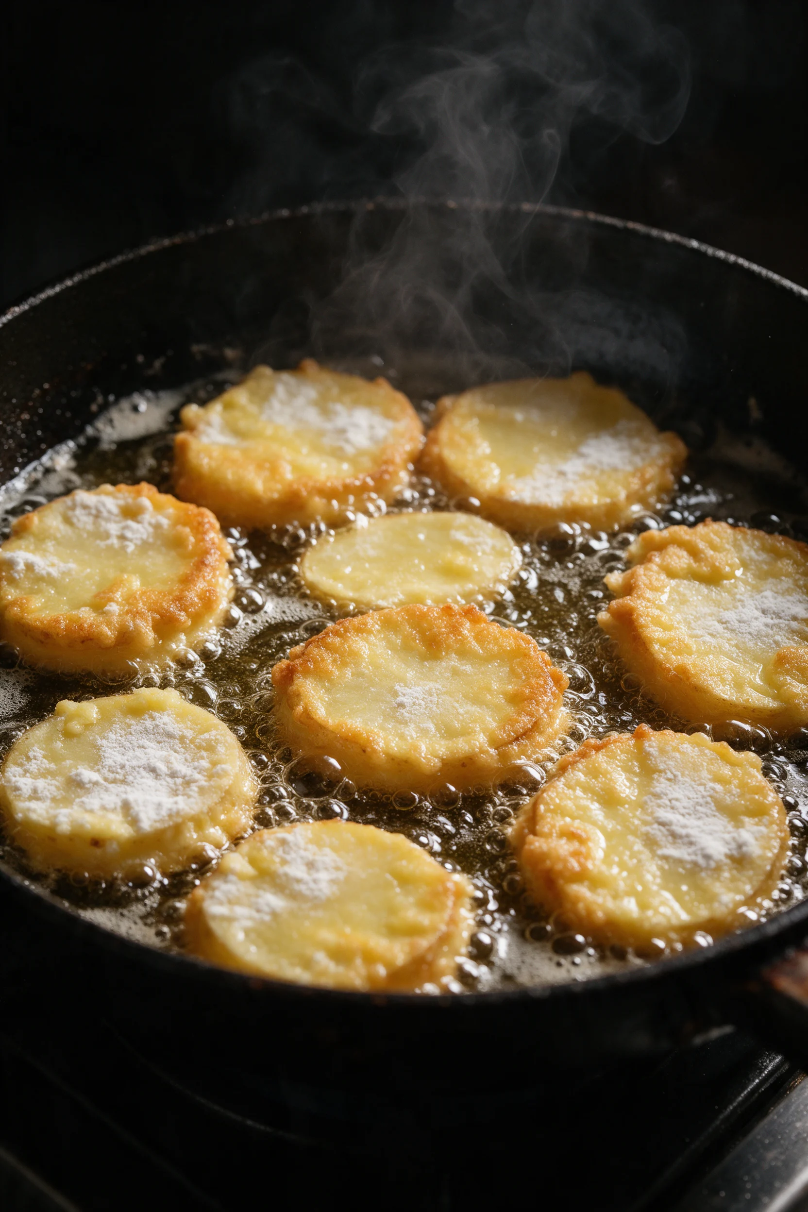 Rodajas de patata rebozadas friéndose doradas en aceite de oliva