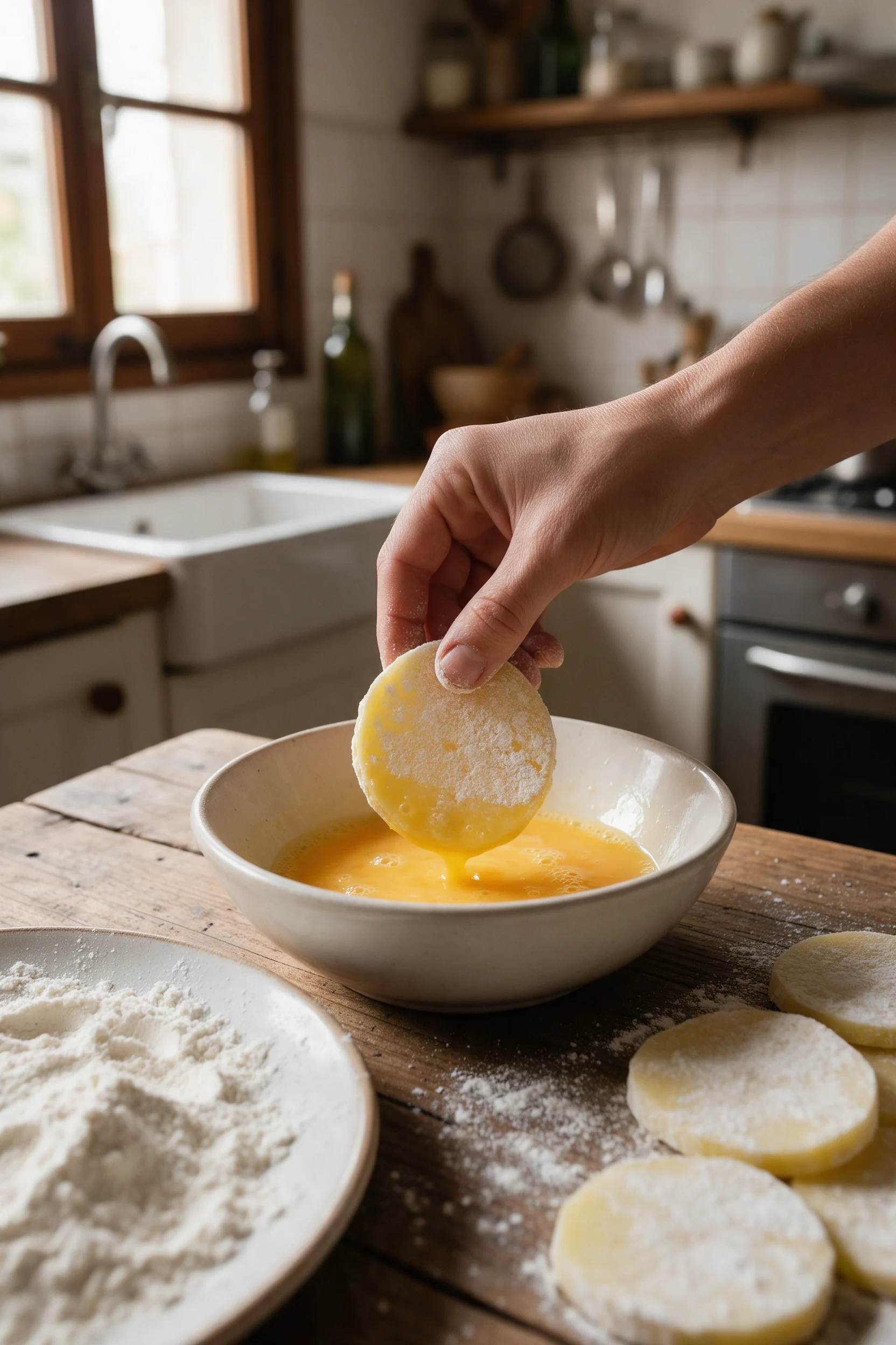 Rodaja de patata enharinada pasando por huevo batido para rebozarla