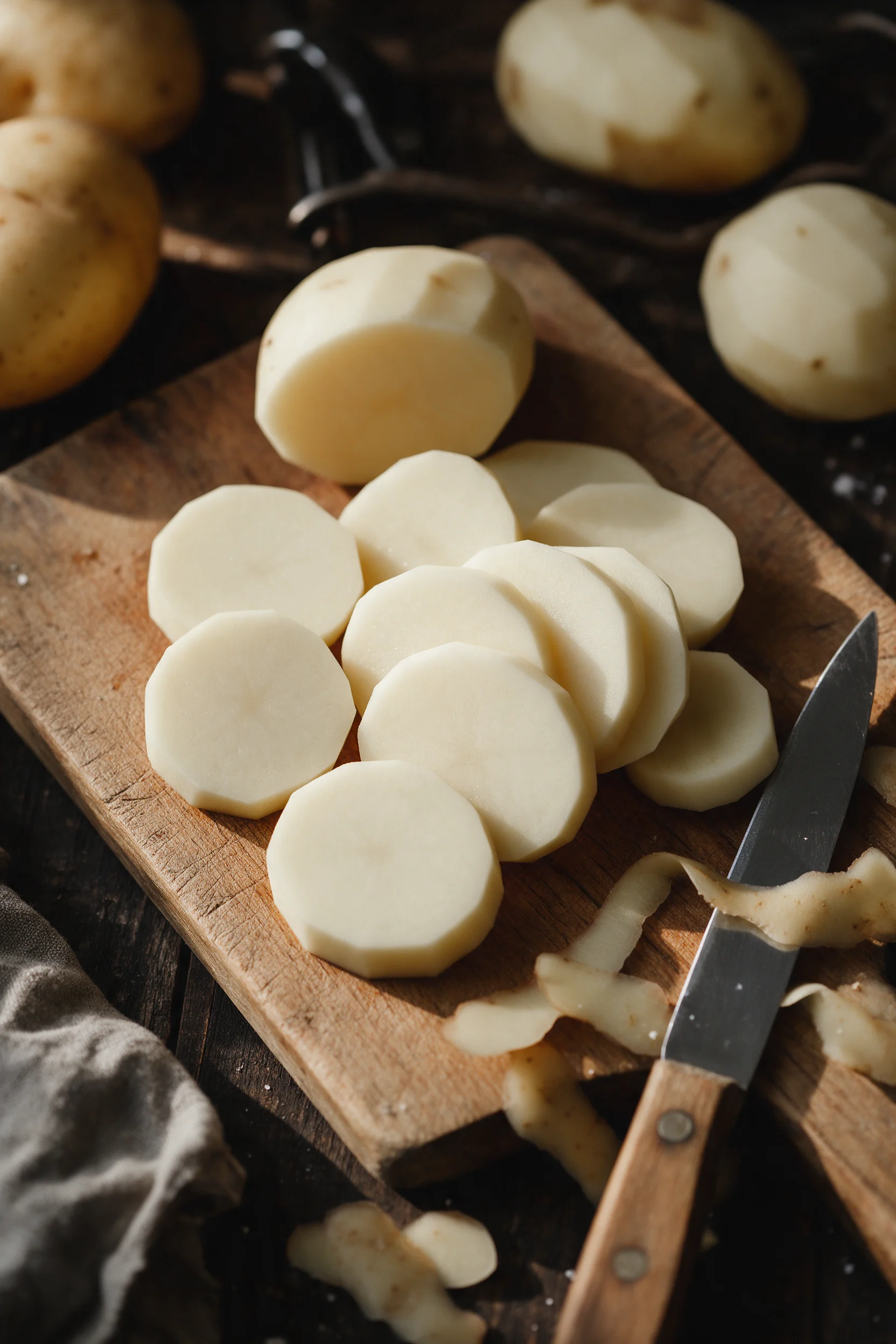 Patatas peladas cortadas en rodajas de un centímetro sobre una tabla de madera